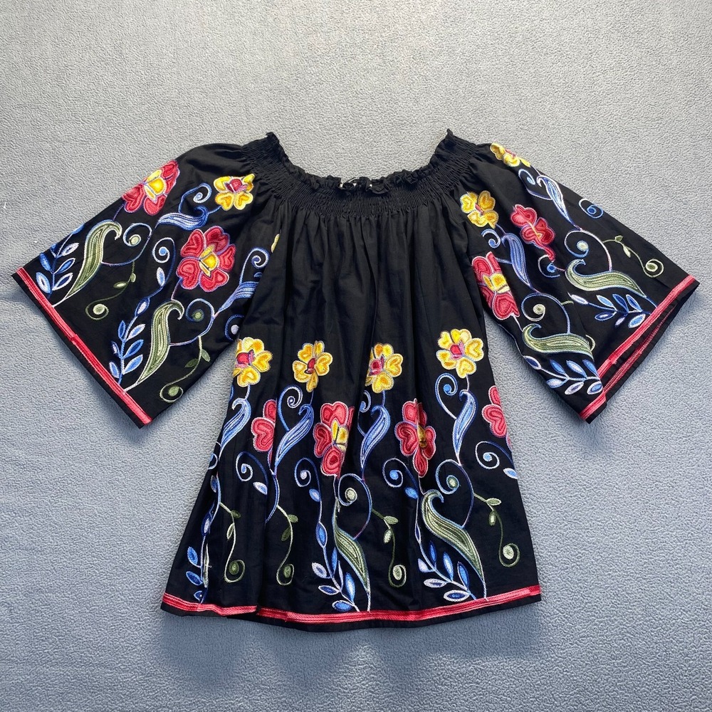 FERATILLI Black Floral Embroidered Off Shoulder Peasant Tunic Cotton Blouse Sz S